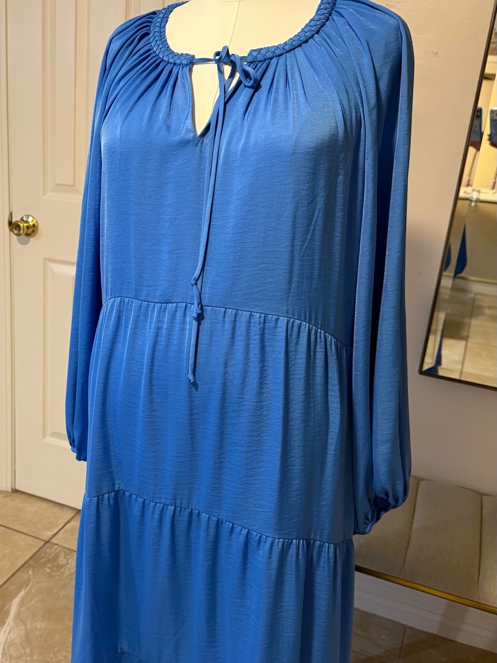 Kobi Halperin Royal Blue Long Sleeve Tiered Tie-Neck Dress